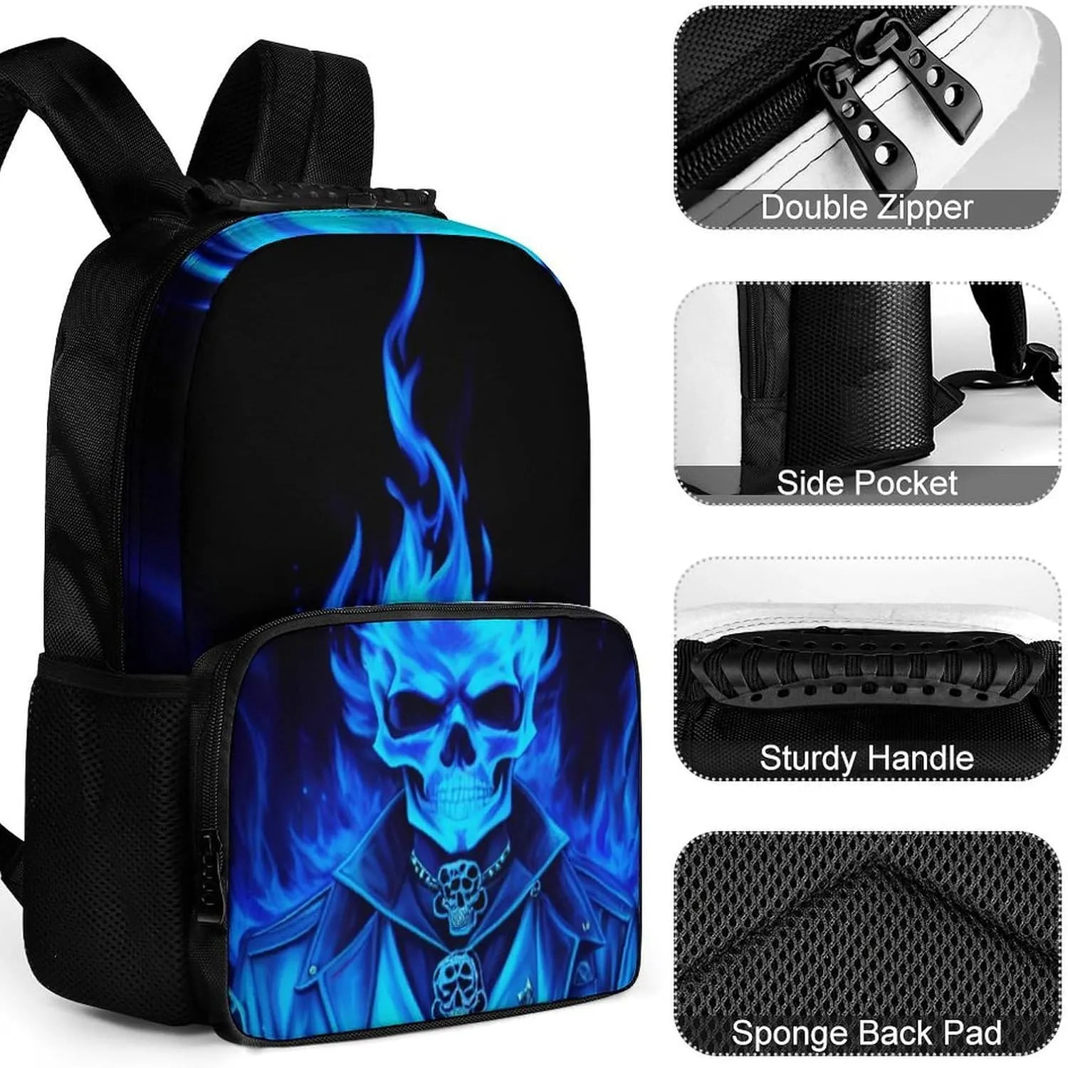 Adults Lightweight Flaming Blue Cool Skull Art Rucksacks Large Capacity Bookbag With Adjustable Shoulder Straps for Trekking Outdoors Bicycle