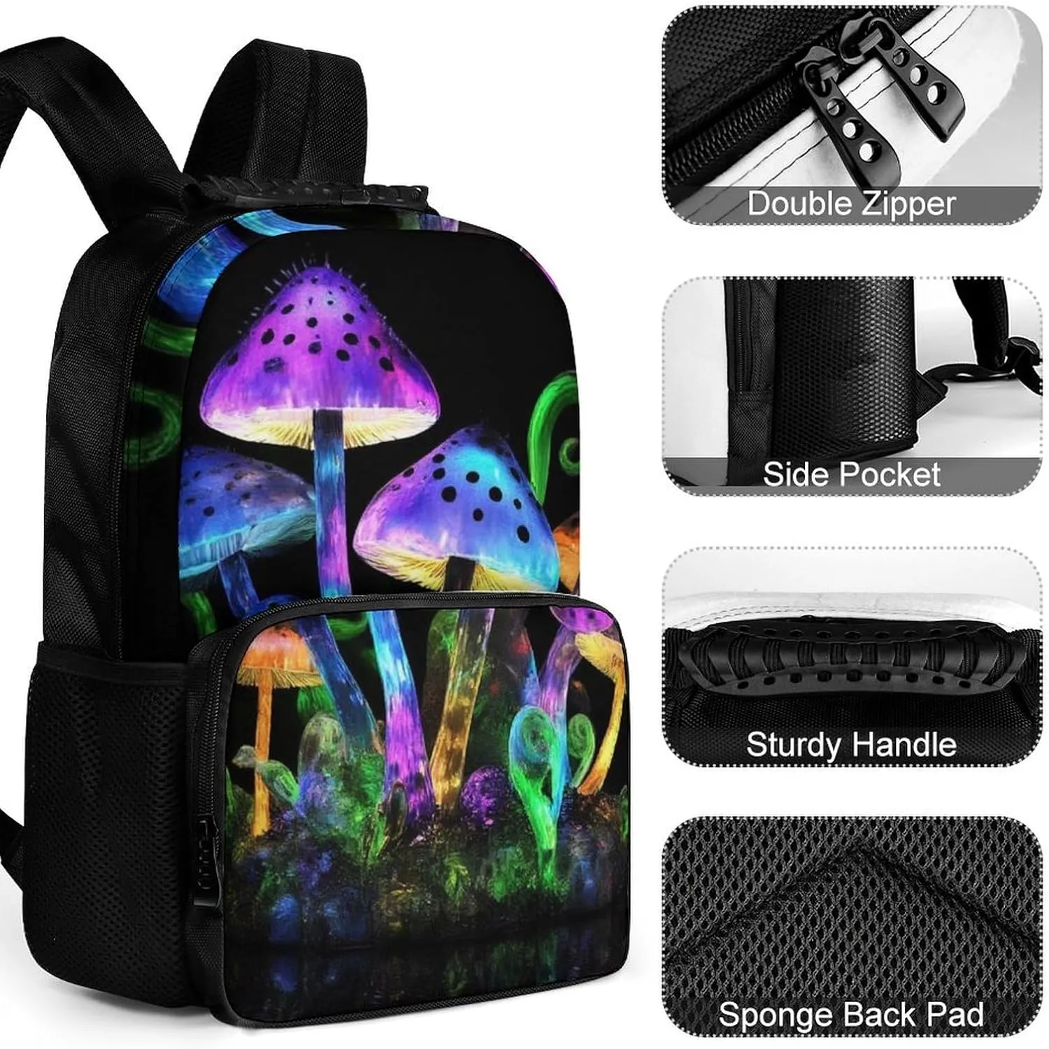 Adults Lightweight Magic Mushrooms Rucksacks Large Capacity Bookbag With Adjustable Shoulder Straps for Trekking Outdoors Bicycle