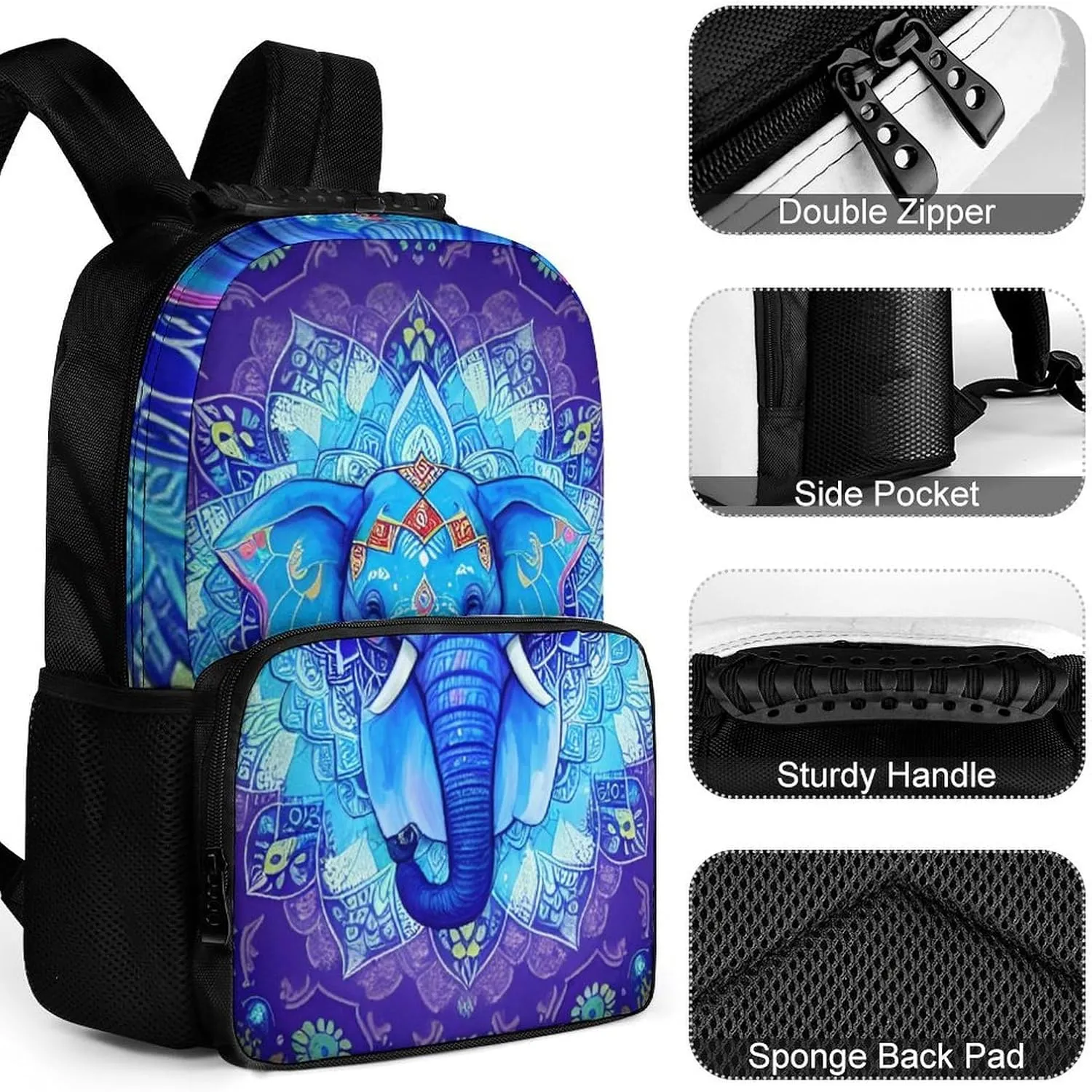 Adults Lightweight Mandala Elephant Art Rucksacks Large Capacity Bookbag With Adjustable Shoulder Straps for Trekking Outdoors Bicycle