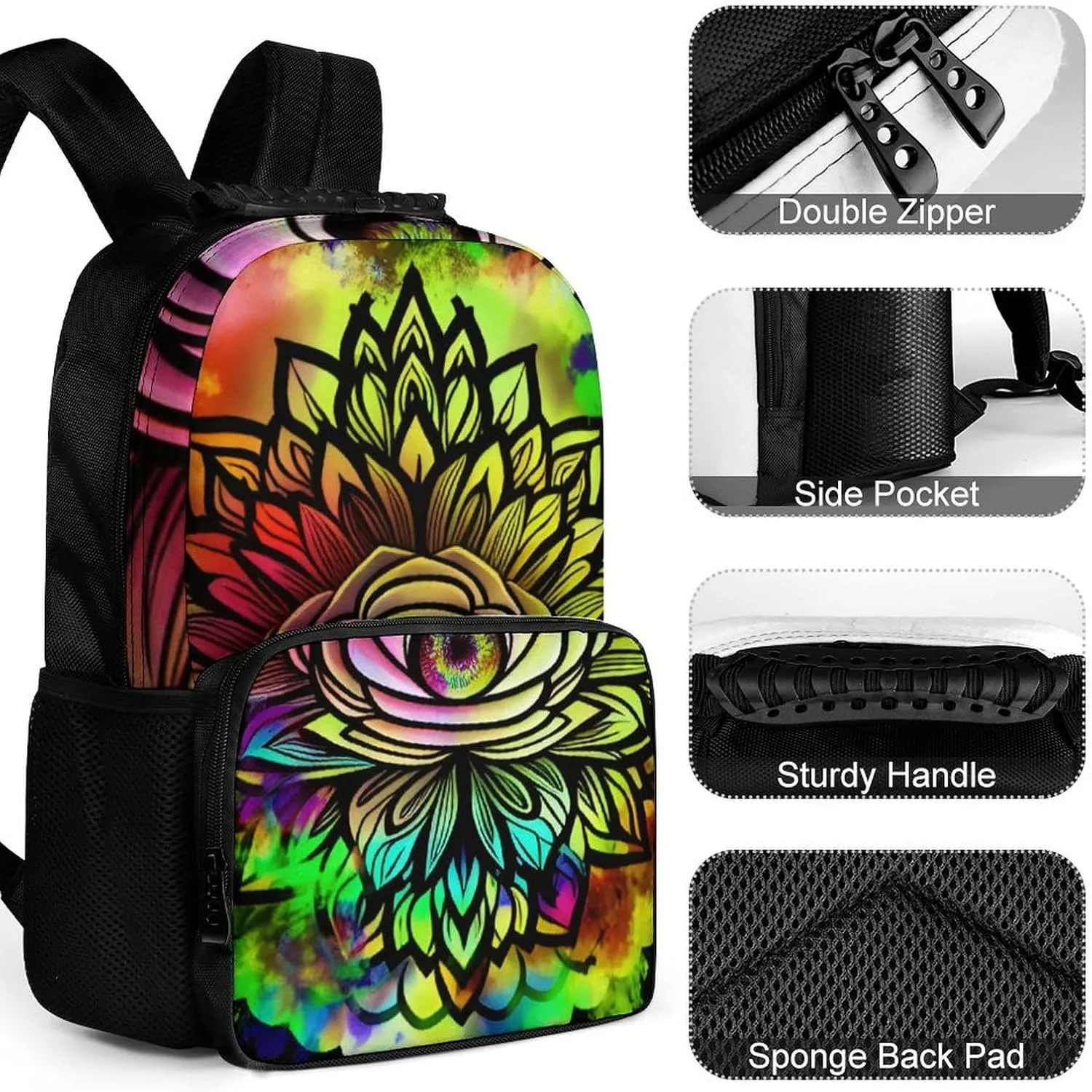 Adults Lightweight Psychedelic Trippy Eye Lotus Art Rucksacks Large Capacity Bookbag With Adjustable Shoulder Straps for Trekking Outdoors Bicycle
