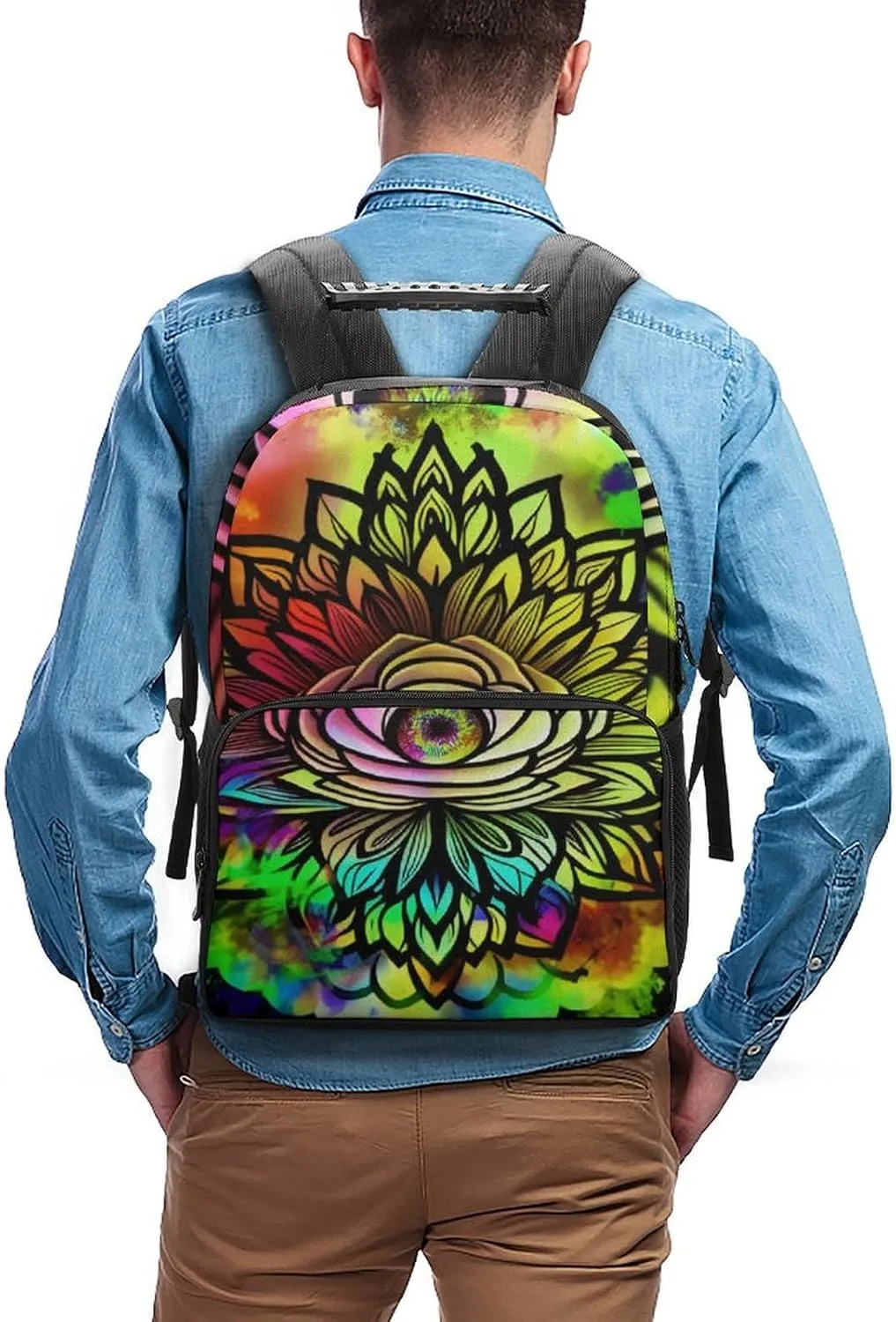 Adults Lightweight Psychedelic Trippy Eye Lotus Art Rucksacks Large Capacity Bookbag With Adjustable Shoulder Straps for Trekking Outdoors Bicycle