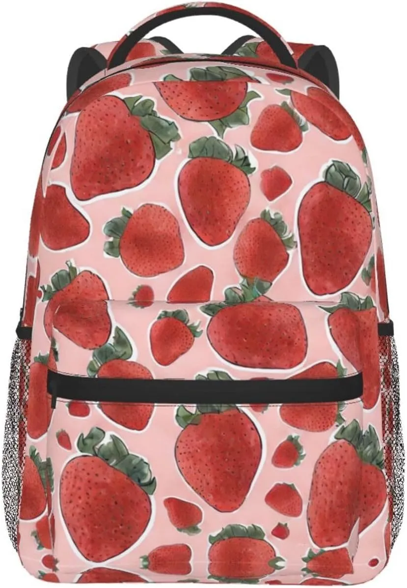 Adults Lightweight Strawberry Fruit Art Rucksacks Large Capacity Bookbag With Adjustable Shoulder Straps for Trekking Outdoors Bicycle