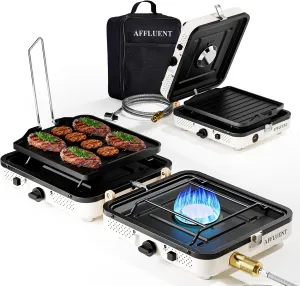 AFFLUENT 2 Burner Propane Camping Stove with Grill and Storage Bag- A Must - Have Camp Stove Propane! Foldable, Featuring Two Adjustable Burners Ideal Portable Camping Stove for Camping & BBQ(White)