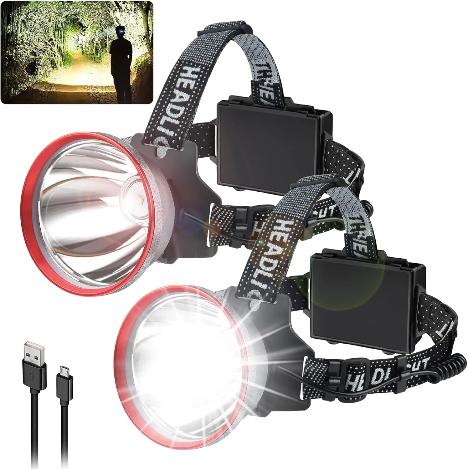 Aikertec Rechargeable Headlamp 2 Pack, Super Bright Head lamp Flashlight, 80H Battery Powered, 120° Adjustable, IP67 Waterproof, Led Headlamp for Outdoor Camping Fishing