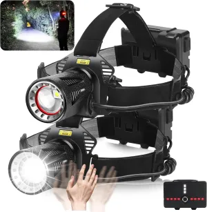 Aikertec Rechargeable Headlamp,Bright LED Head Lamp with Motion Sensor, 7 Modes, Waterproof, 45° Adjustable Angle, Zoomable, Battery Powered Headlamps for Camping, Hiking, Fishing (2 Pack)