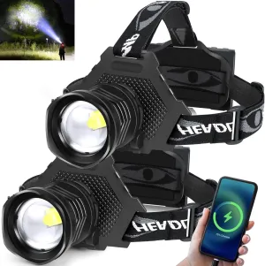 Aikertec Rechargeable LED Headlamp 1080 Lumen, Super Bright Head Lamp Flashlight with 5 Lighting Modes, IPX6 Waterproof, Zoomable Headlight for Camping, Hiking, Fishing, Biking, Running (2 Pack)