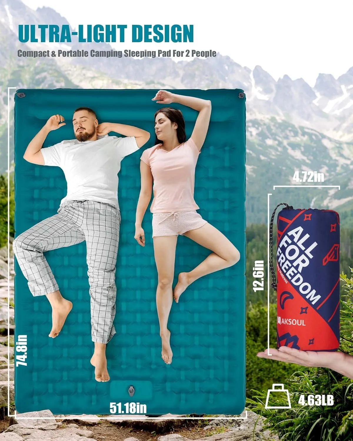 AKSOUL Sleeping Pad Camping Inflatable: Extra Thickness Double Persons Self Inflating Mat with Built-in Foot Pump, Lightweight Ultra-Wide Air Mattress with Pillow for Camping, Backpacking