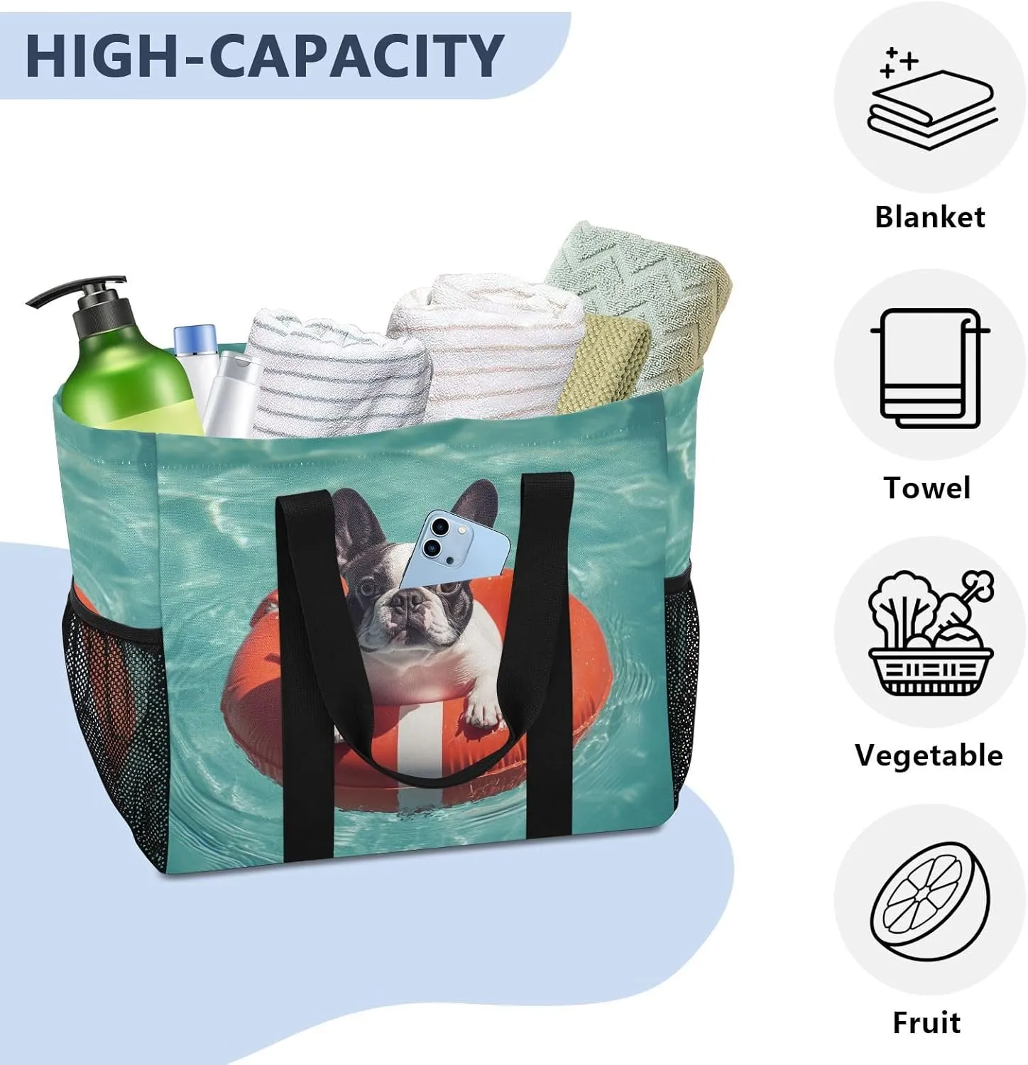 ALAZA French Bulldog Cute Puppy Sleeping in Blanket Waterproof Beach Tote Bags
