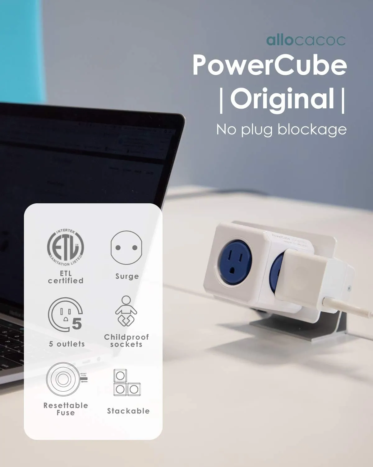 Allocacoc PowerCube |Original|, 5 Outlets, Surge Protection, Wall Plug, Cell Phone Charger, Compact for Travel, Home and Office, Space Saving, ETL Certified(Blue)