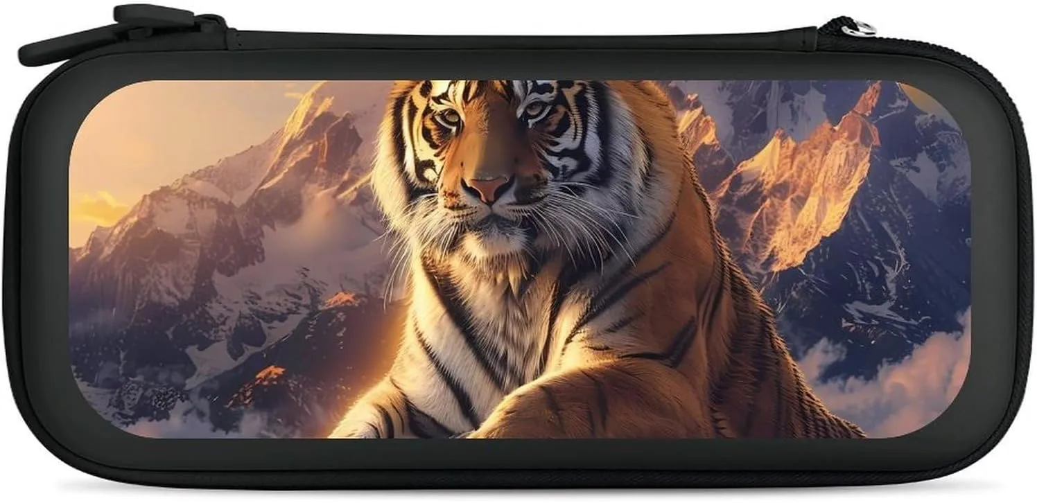 Alpine Snow Mountain Tiger at Sunset Hard Shell Travel Case with Rope 15 Game Card Pockets Compatible with Switch Protective