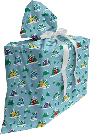 Ambesonne House Gift Bag, Rectangular Trilateral Homes Windows Door Knobs Snow on Pointy Trees Christmas Time, Fabric Party Favor Pouch with 3 Ribbons, 27, Multicolor