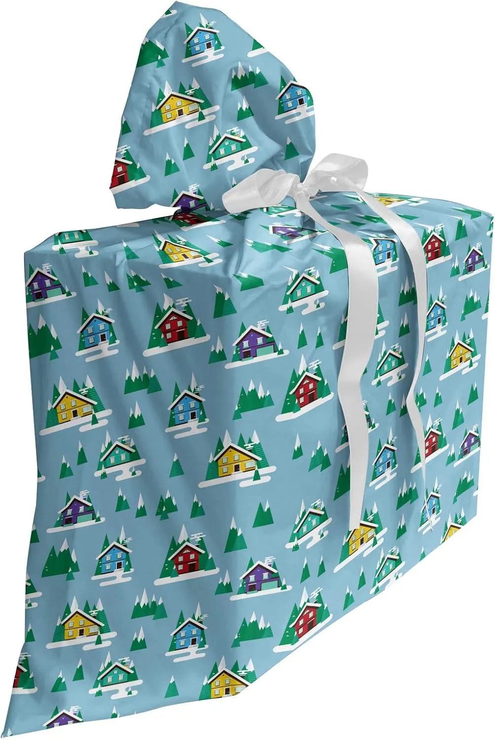 Ambesonne House Gift Bag, Rectangular Trilateral Homes Windows Door Knobs Snow on Pointy Trees Christmas Time, Fabric Party Favor Pouch with 3 Ribbons, 27, Multicolor