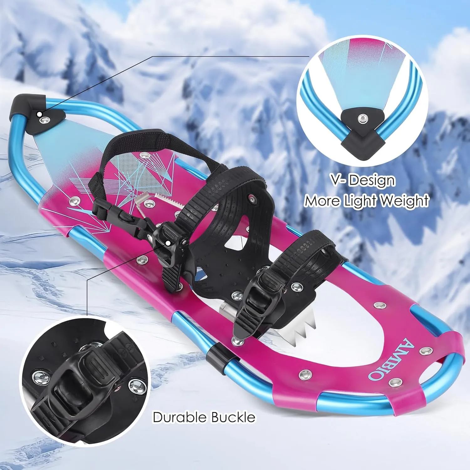 AMBIO Snowshoes for Kids, Light Weight Aluminum Snow Shoes with Trekking Poles, Leg Gaiters and Carrying Tote Bag