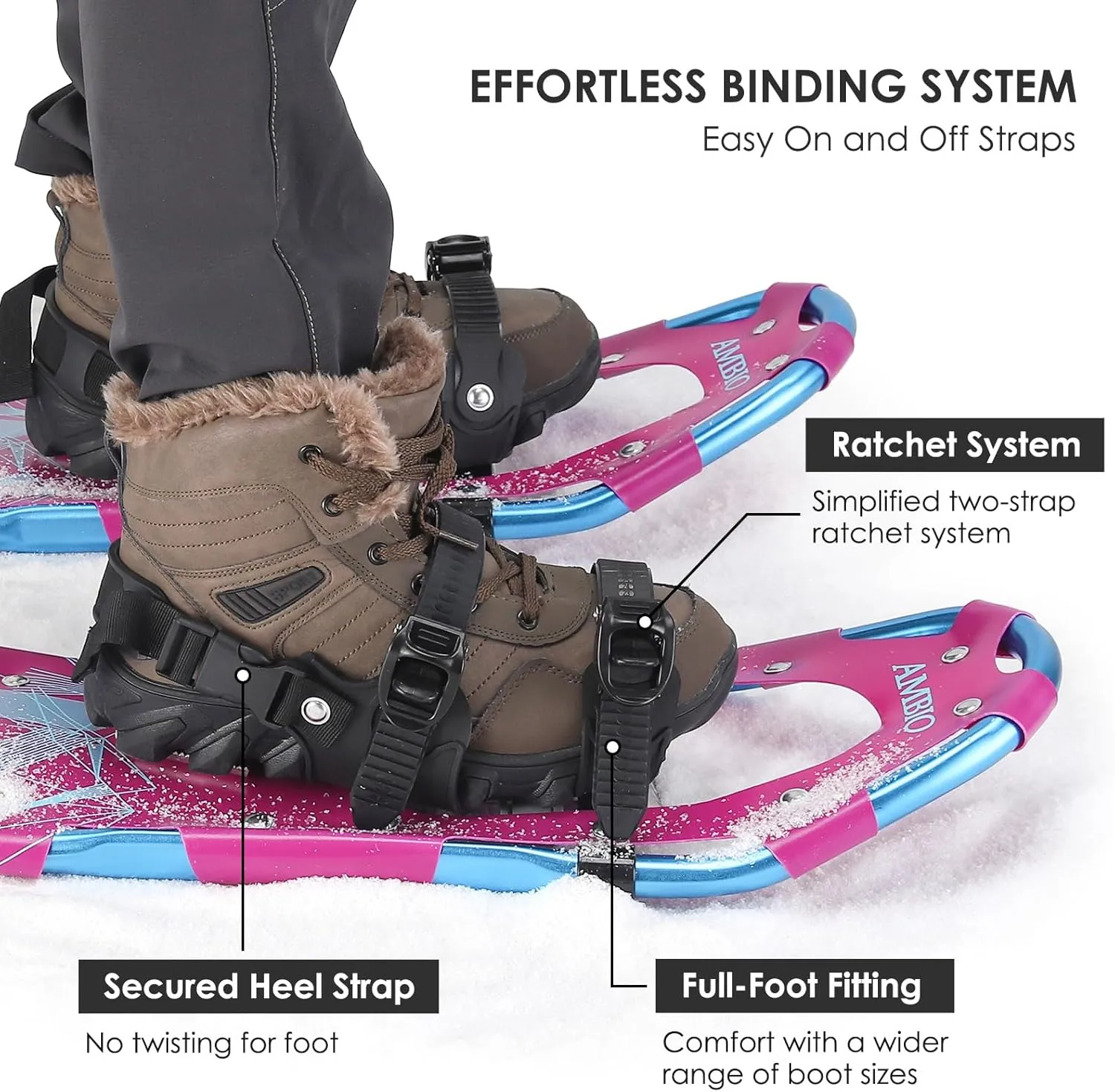 AMBIO Snowshoes for Kids, Light Weight Aluminum Snow Shoes with Trekking Poles, Leg Gaiters and Carrying Tote Bag