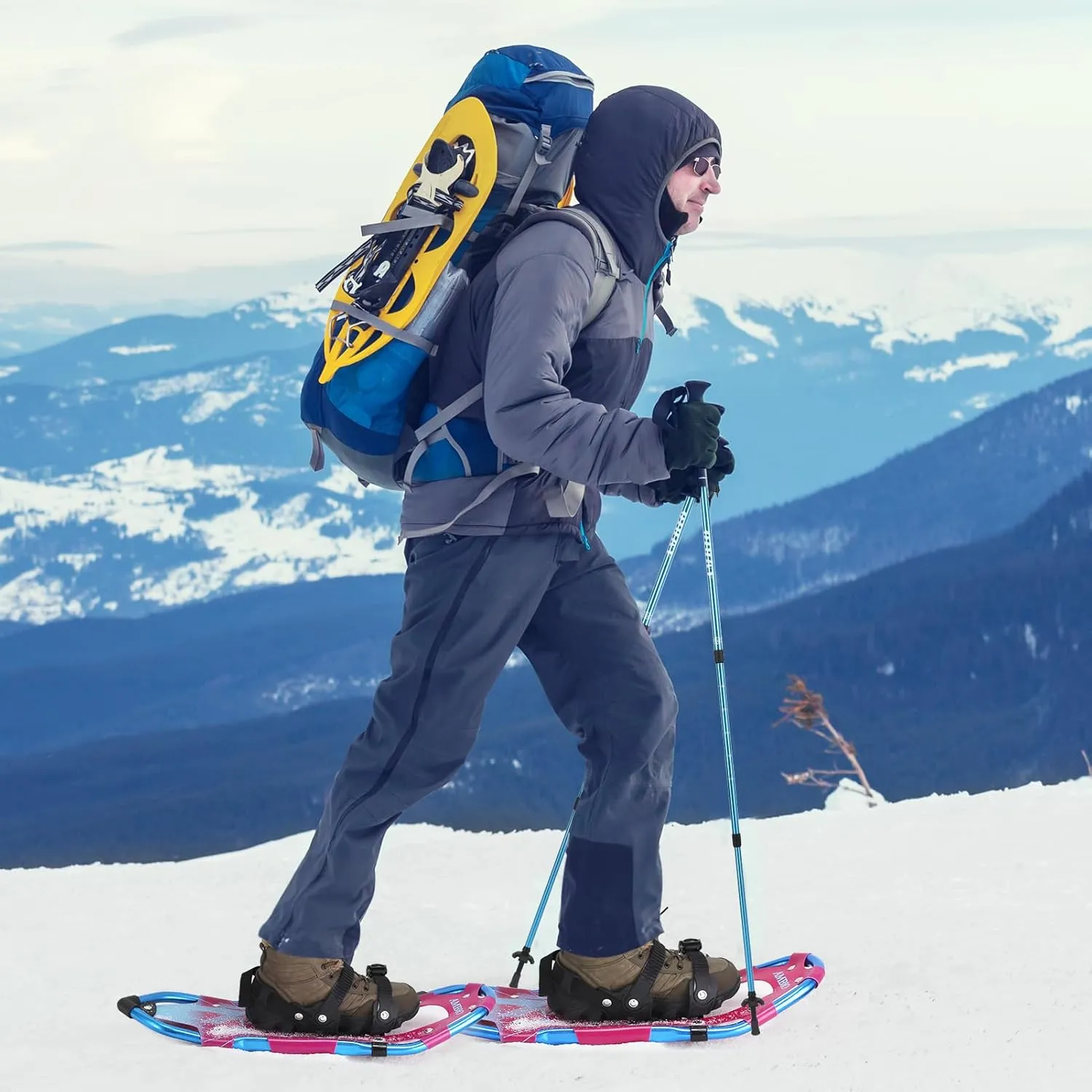 AMBIO Snowshoes for Kids, Light Weight Aluminum Snow Shoes with Trekking Poles, Leg Gaiters and Carrying Tote Bag