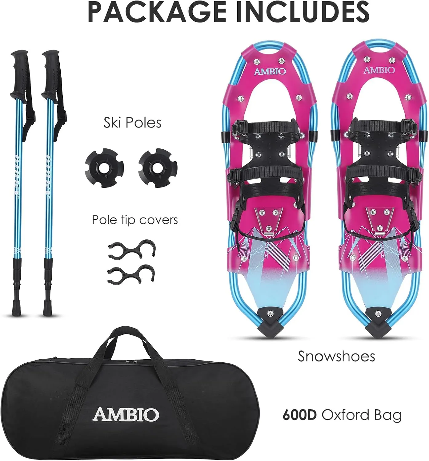 AMBIO Snowshoes for Kids, Light Weight Aluminum Snow Shoes with Trekking Poles, Leg Gaiters and Carrying Tote Bag