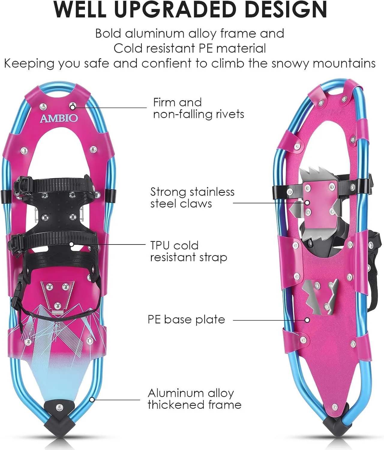 AMBIO Snowshoes for Kids, Light Weight Aluminum Snow Shoes with Trekking Poles, Leg Gaiters and Carrying Tote Bag
