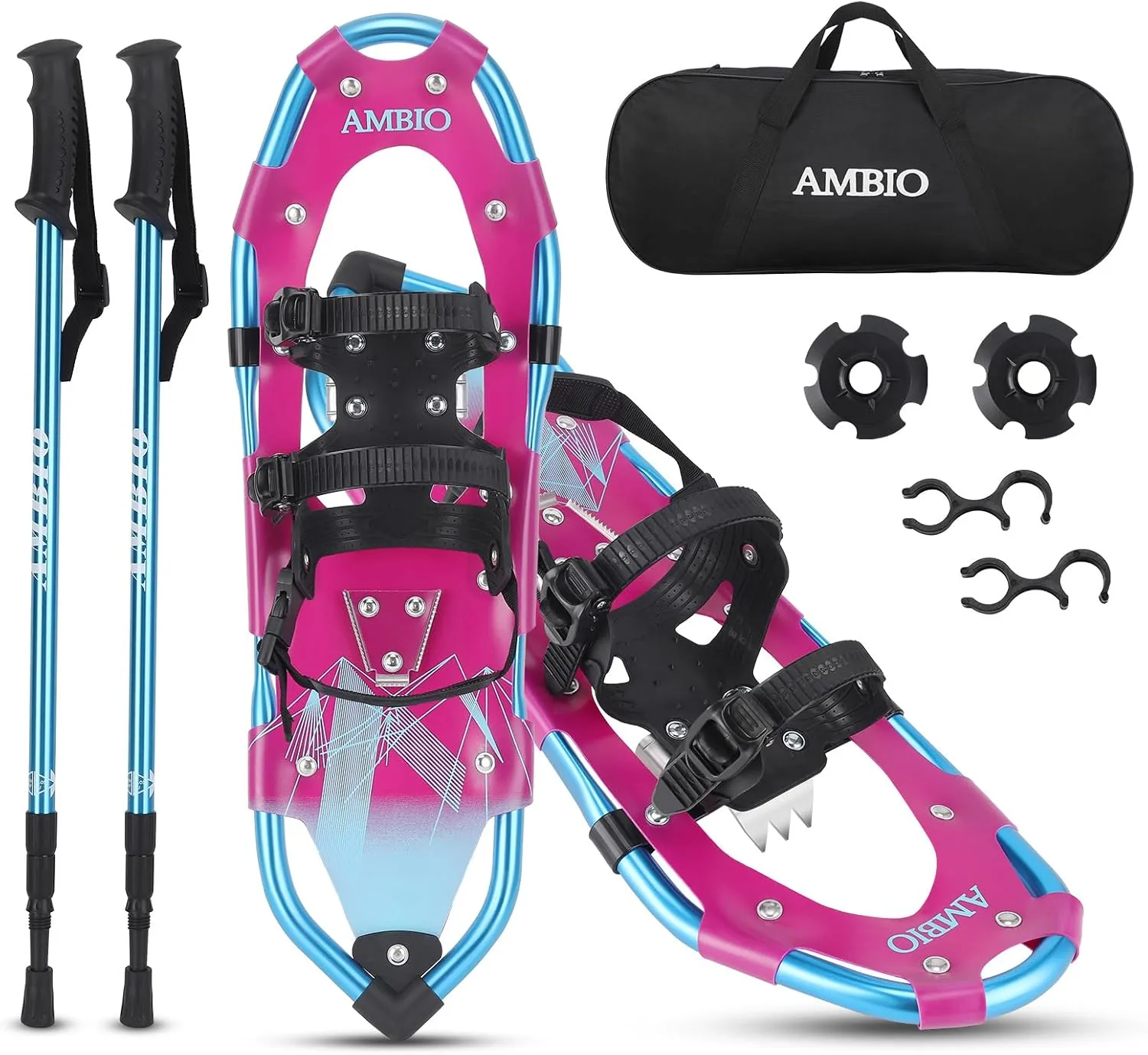 AMBIO Snowshoes for Kids, Light Weight Aluminum Snow Shoes with Trekking Poles, Leg Gaiters and Carrying Tote Bag