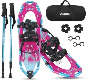 AMBIO Snowshoes for Kids, Light Weight Aluminum Snow Shoes with Trekking Poles, Leg Gaiters and Carrying Tote Bag