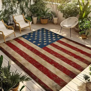 American Flag Outdoor Rug 4x6ft Large Patio Rug,Washable RV Camping Outside Area Runner Rug Mat,Red Blue Star Stripe Vintage Wood Grain Carpet for Picnic Backyard Deck Porch Balcony Beach & Indoor