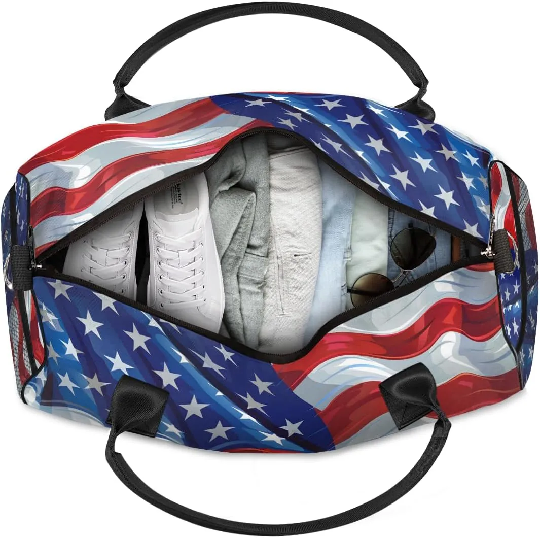 American Flag Travel Duffle Bag for Women Men Foldable Waterproof Weekender Bag Carry on Tote for Overnight Sports Gym Independence Day USA Flag