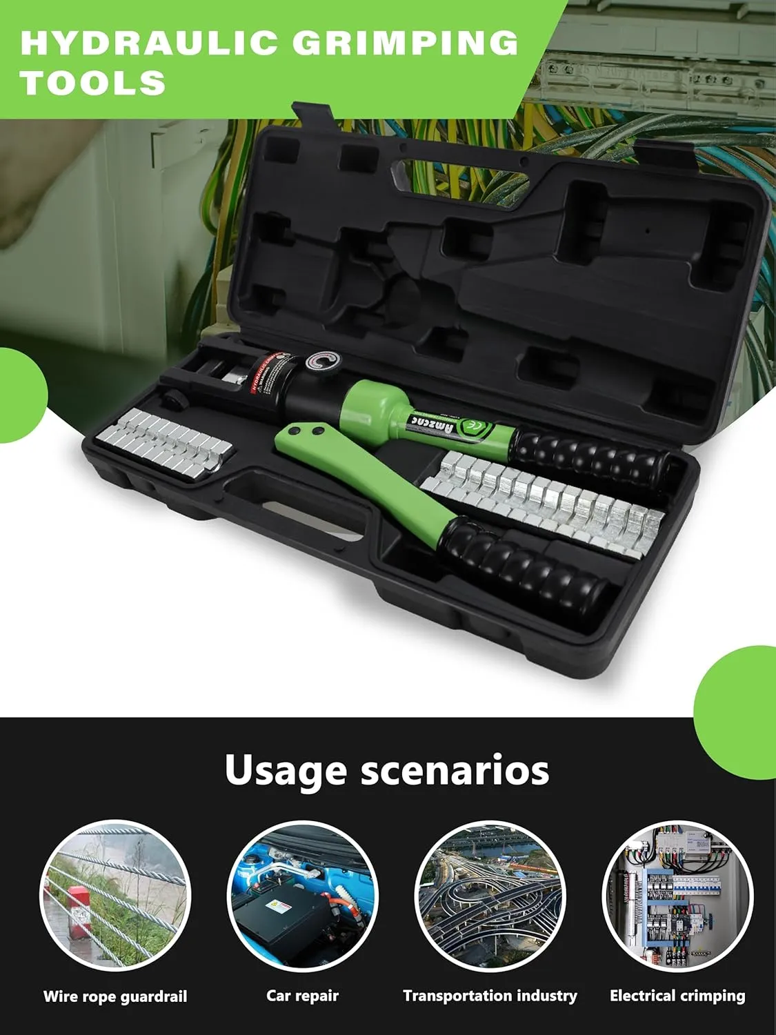 AMZCNC 16 Ton Hydraulic Wire Crimper Battery Cable Lug Terminal Crimping Tool,Crimps 8 AWG to 600 MCM, Cable Crimping Tool ​with 13 Pairs of Dies