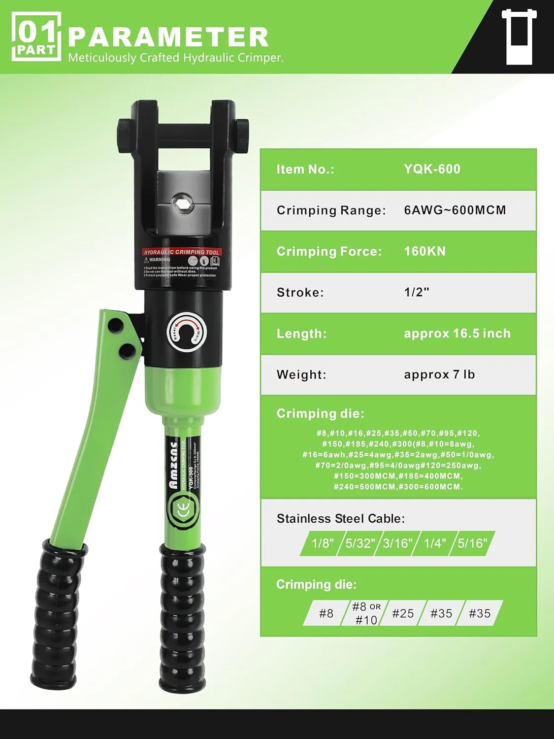 AMZCNC 16 Ton Hydraulic Wire Crimper Battery Cable Lug Terminal Crimping Tool,Crimps 8 AWG to 600 MCM, Cable Crimping Tool ​with 13 Pairs of Dies