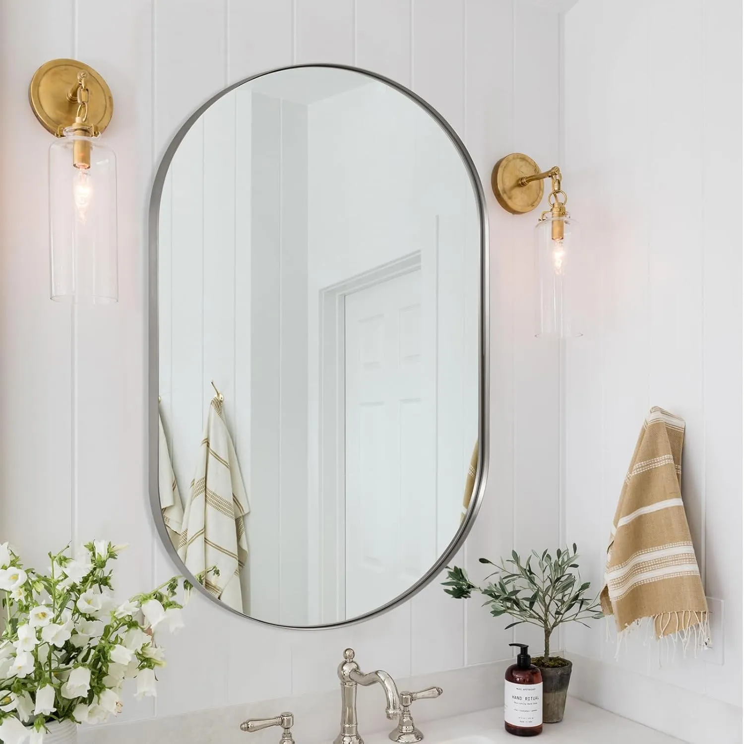 ANDY STAR Oval Mirror, 26x38’’ Brushed Nickel Bathroom Mirror, Pill Nickel Mirror, Silver Oval Vanity Mirrors Metal Framed, Stainless Steel Anti-Rust, Wall-Mounted Vertical/Horizontal