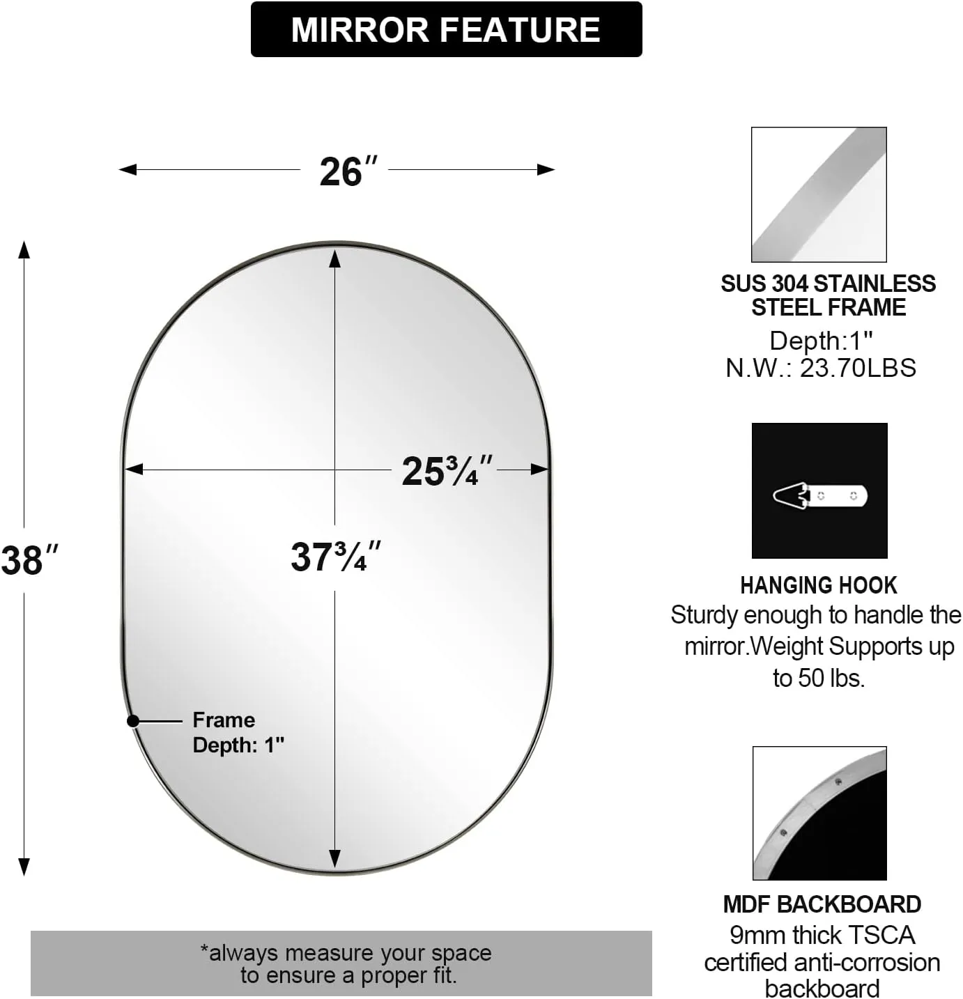 ANDY STAR Oval Mirror, 26x38’’ Brushed Nickel Bathroom Mirror, Pill Nickel Mirror, Silver Oval Vanity Mirrors Metal Framed, Stainless Steel Anti-Rust, Wall-Mounted Vertical/Horizontal