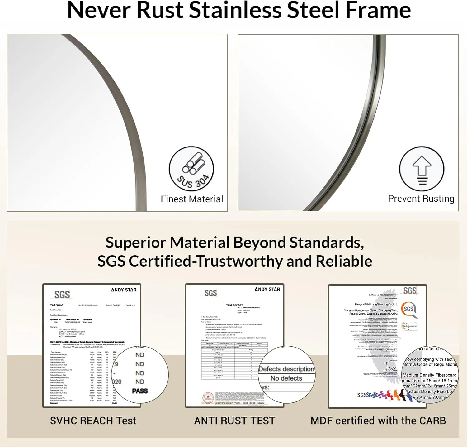 ANDY STAR Oval Mirror, 26x38’’ Brushed Nickel Bathroom Mirror, Pill Nickel Mirror, Silver Oval Vanity Mirrors Metal Framed, Stainless Steel Anti-Rust, Wall-Mounted Vertical/Horizontal