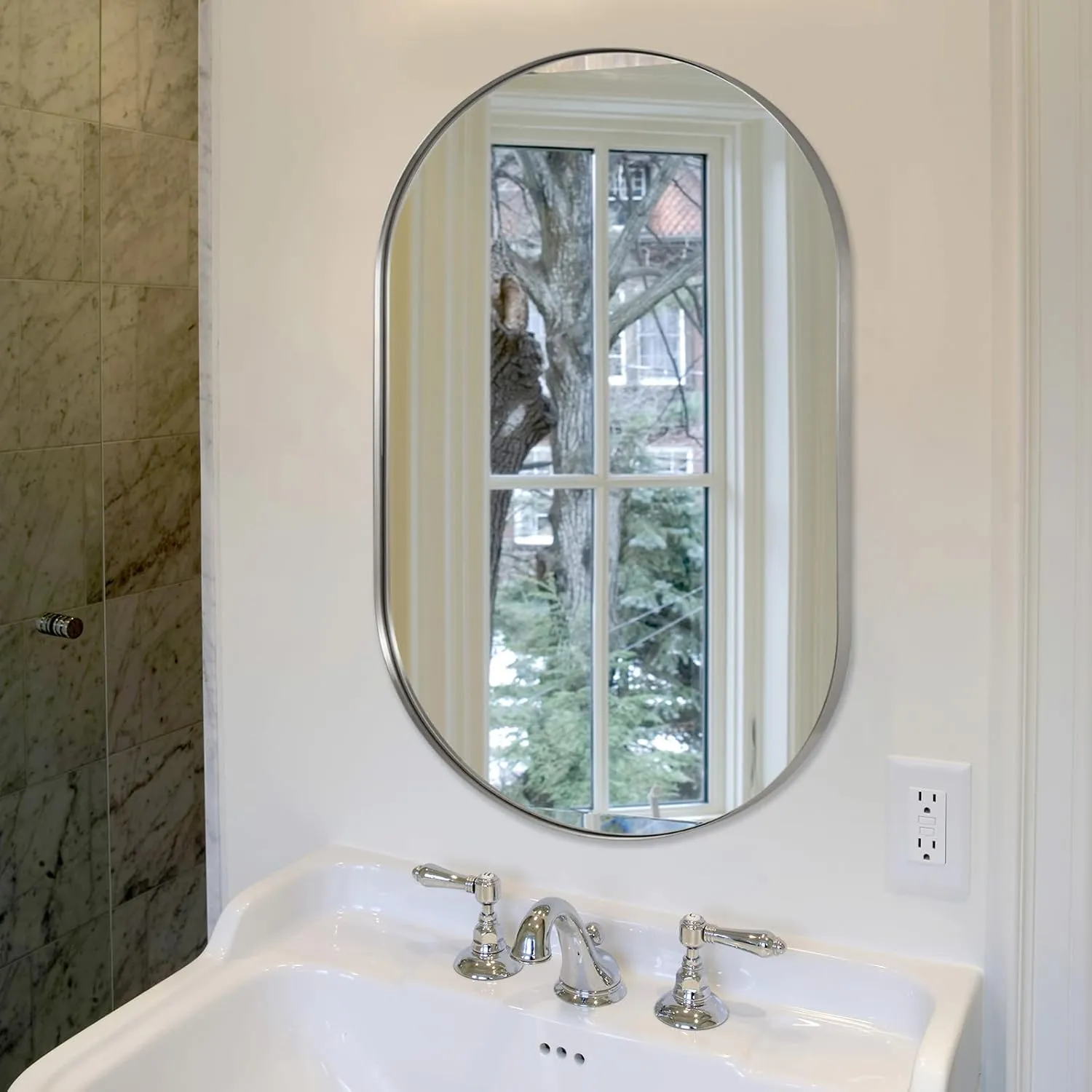 ANDY STAR Oval Mirror, 26x38’’ Brushed Nickel Bathroom Mirror, Pill Nickel Mirror, Silver Oval Vanity Mirrors Metal Framed, Stainless Steel Anti-Rust, Wall-Mounted Vertical/Horizontal