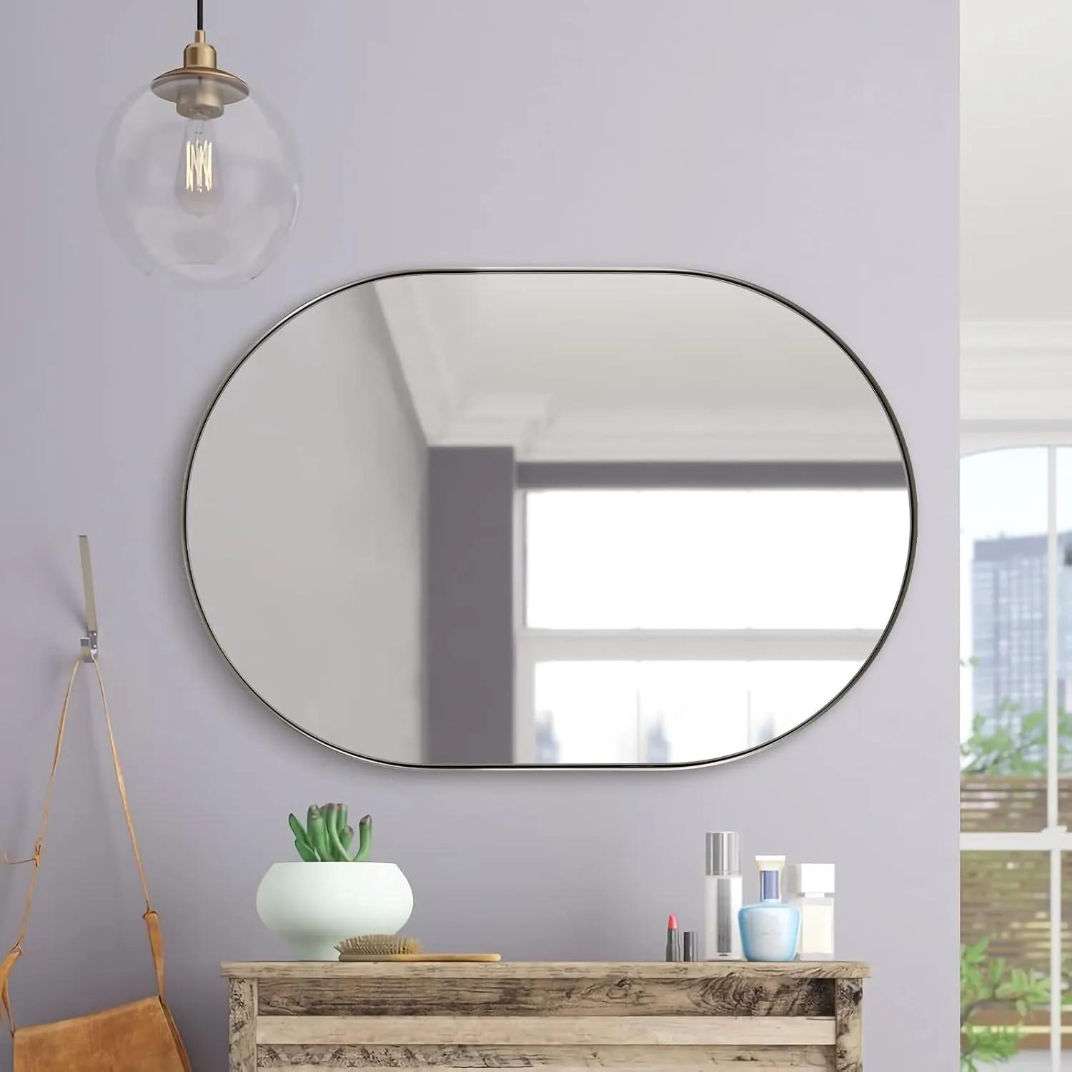 ANDY STAR Oval Mirror, 26x38’’ Brushed Nickel Bathroom Mirror, Pill Nickel Mirror, Silver Oval Vanity Mirrors Metal Framed, Stainless Steel Anti-Rust, Wall-Mounted Vertical/Horizontal
