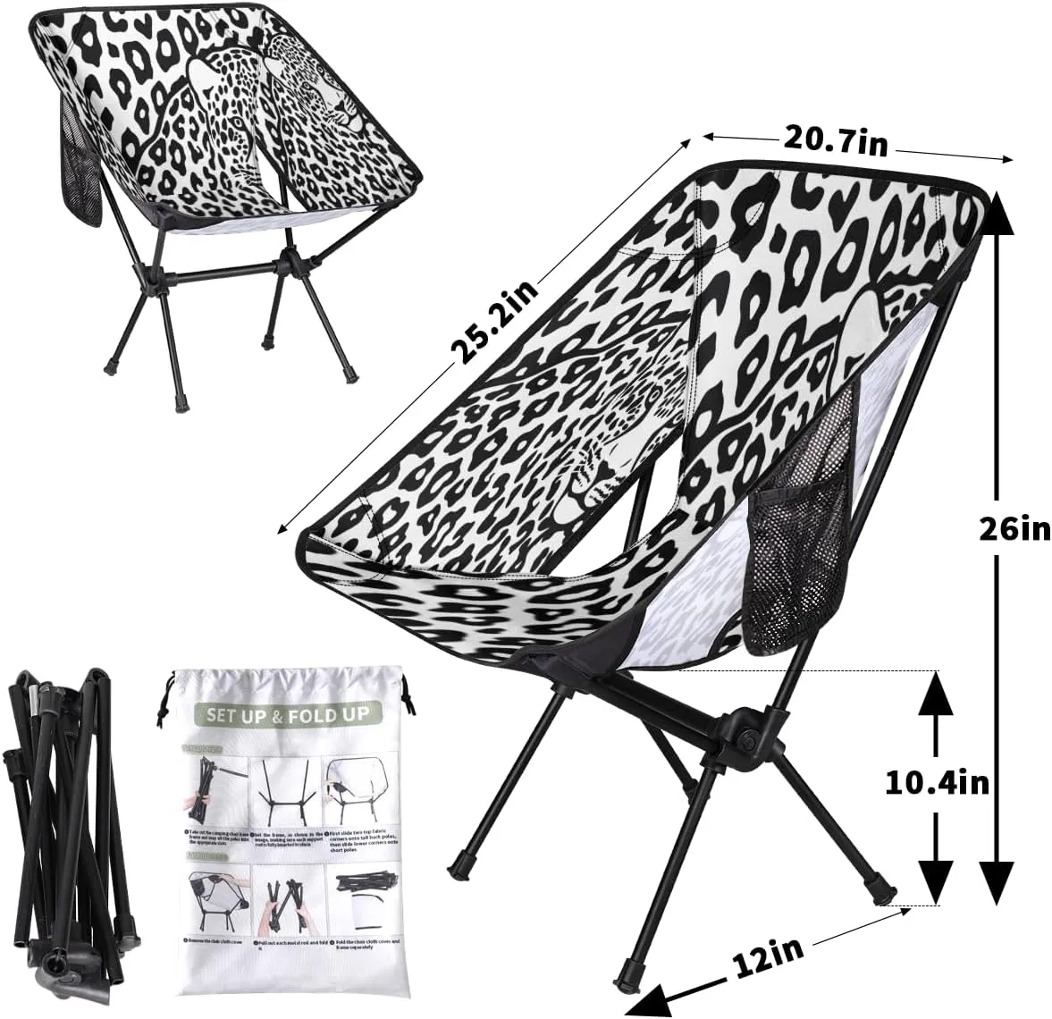 Animal Leopard Print Camping Chair Lightweight Portable Chairs for Adults Easy Installation Outdoor Foldable Camping Chair for Camping Fishing Hiking Picnic Beach