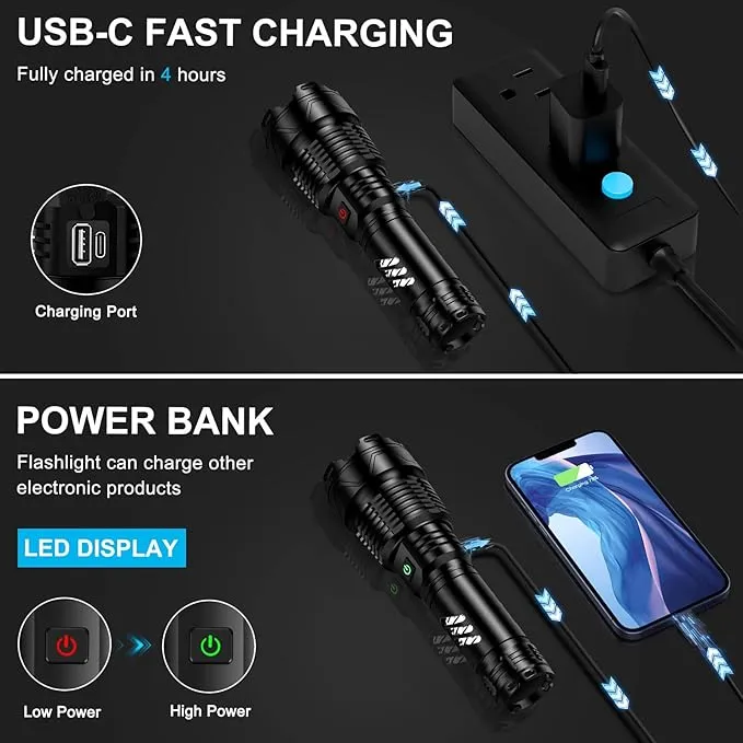 ANKRA Rechargeable Flashlights 990000 High Lumens Zoomable 5 Modes Super Bright IPX7 Waterproof & USB-C Charging Tactical Flashlights Powerful Handheld Flashlight for Emergencies Camping
