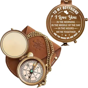 Antique Brass Engraved Compass with Leather Case – Personalized Pocket Compass for to My Boyfriend – Vintage Nautical Gift for Graduation, Anniversary, and Outdoor Adventures (Antique My Boyfriend-1)