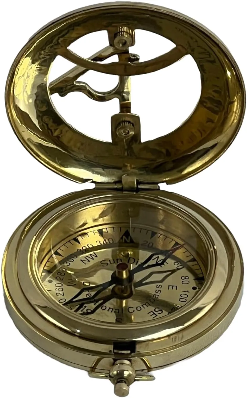 Antique Brass Push Button Sundial Compass – Vintage Maritime Navigation Tool, 9 x 8 x 6 cm