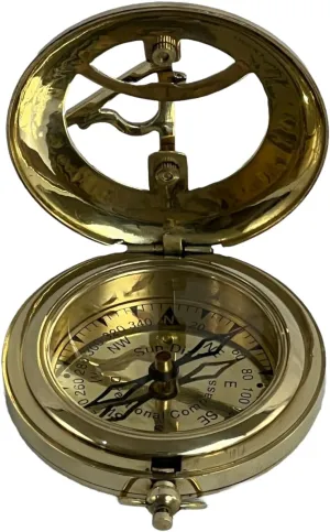 Antique Brass Push Button Sundial Compass – Vintage Maritime Navigation Tool, 9 x 8 x 6 cm