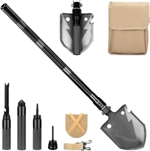 APEX1 18-in-1 Multitool Steel Emergency Shovel with Carrying Pouch for Survival, Military, Camping, Hiking, Climbing, Bug-Out Bag, Backpacking (Black)
