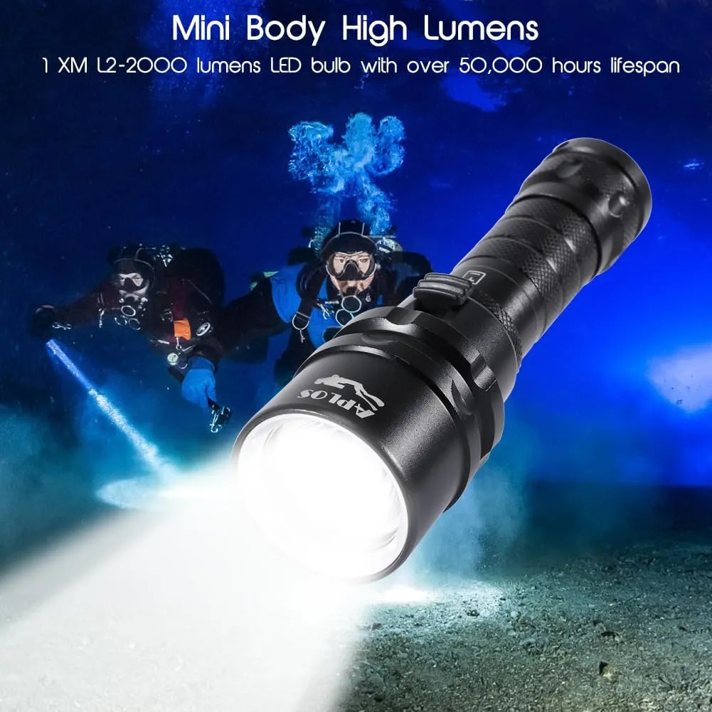 APLOS AP20 Scuba Dive Light - 2000 Lumens Scuba Diving Flashlight, IPX8 Waterproof Underwater Torch with Rechargeable Battery and Charger