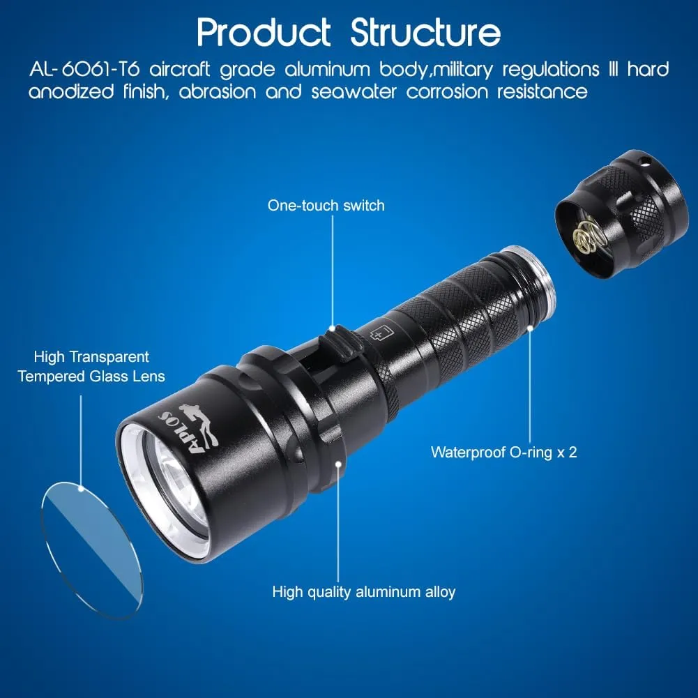 APLOS AP20 Scuba Dive Light - 2000 Lumens Scuba Diving Flashlight, IPX8 Waterproof Underwater Torch with Rechargeable Battery and Charger