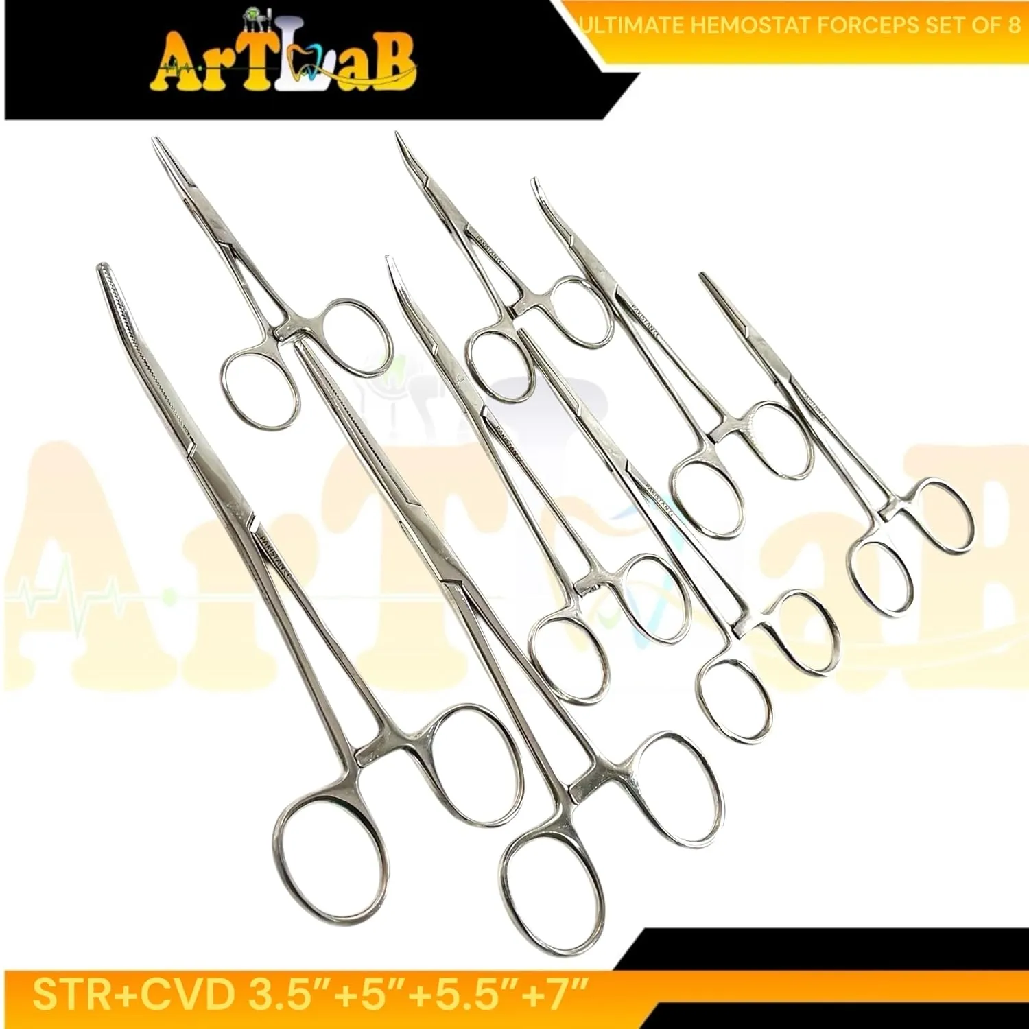 ArtLab-Ultimate Hemostat Forceps Set of 6-Straight & Curved Hemostat Forceps Locking Clamps Stainless Steel Full Serrated Jaws-Ideal for Nurses,Firefighters,Fishing (Set of 8-3.5" 5" 5.5" 7"(Str Cvd))