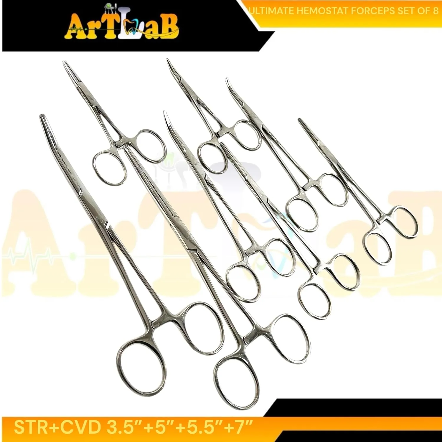 ArtLab-Ultimate Hemostat Forceps Set of 6-Straight & Curved Hemostat Forceps Locking Clamps Stainless Steel Full Serrated Jaws-Ideal for Nurses,Firefighters,Fishing (Set of 8-3.5" 5" 5.5" 7"(Str Cvd))