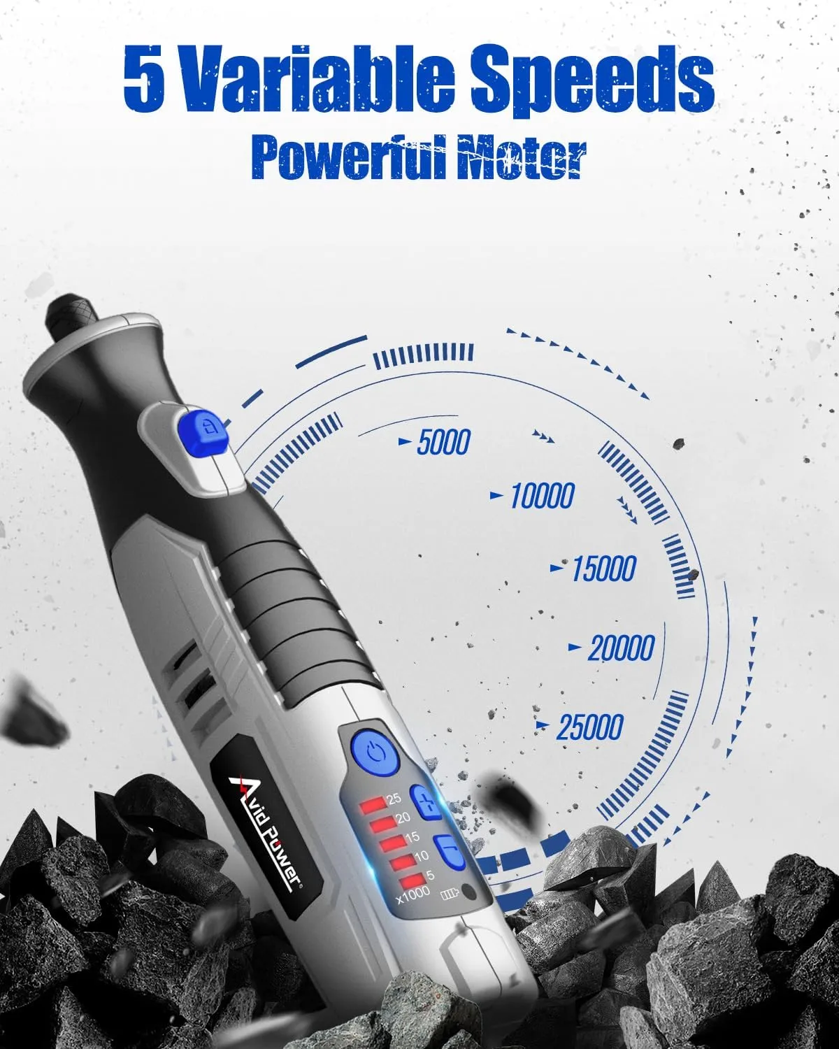 AVID POWER Cordless Rotary Tool 2.0 Ah 8V Rechargeable Rotary Tool, 4 Front LED Lights, 5 Speeds, 60 Pcs Rotary Tool Accessories with Bag for Carving, Engraving, Sanding, Polishing and Cutting - Grey