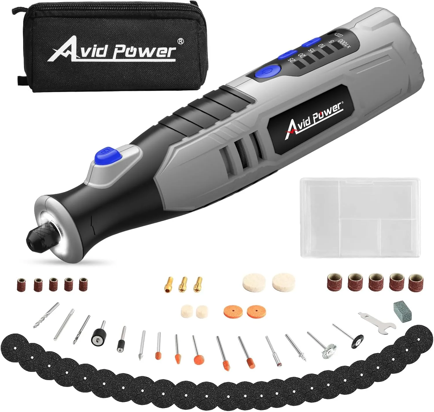 AVID POWER Cordless Rotary Tool 2.0 Ah 8V Rechargeable Rotary Tool, 4 Front LED Lights, 5 Speeds, 60 Pcs Rotary Tool Accessories with Bag for Carving, Engraving, Sanding, Polishing and Cutting - Grey