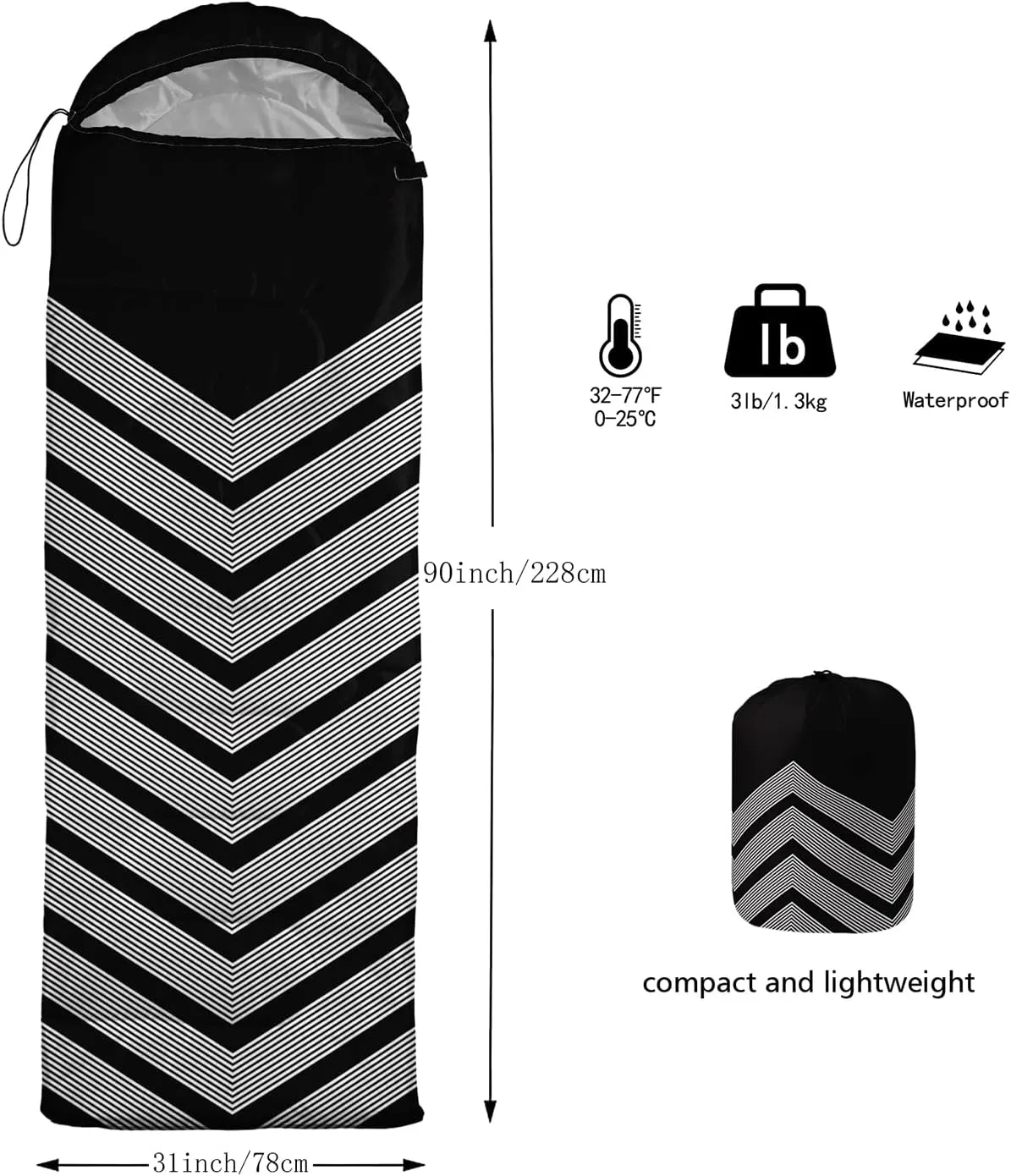 Axolotl Black and Grey Sleeping Bag for Adults,Stripe Camping Bag,3 Season Warm Cool Weather Backpacking Bag,Waterproof Portable Sleeping Bag with Compression Sack for Camping Hiking Outdoor Travel