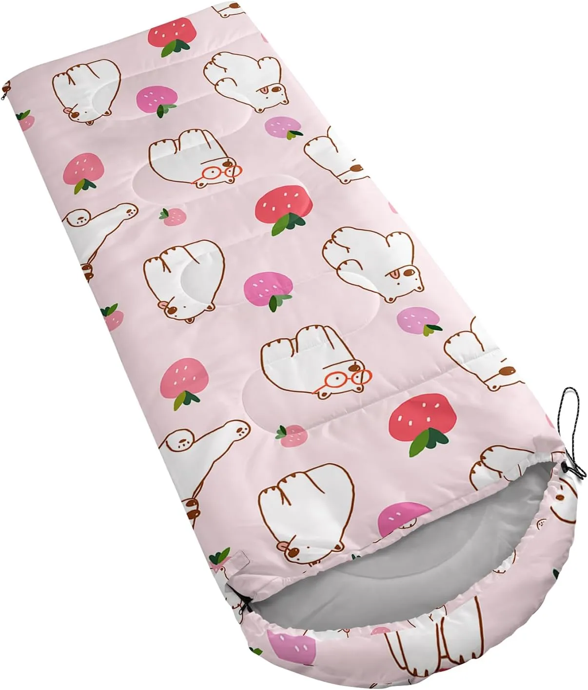 Axolotl Polar Bear Sleeping Bag for Kids Girls,Pink Strawberry Camping Bag with Kawaii Animals Compression Sack for Women,Pink Sleeping Mat for 3 Season Traveling Outdoor Hiking Camping Gear Equipment