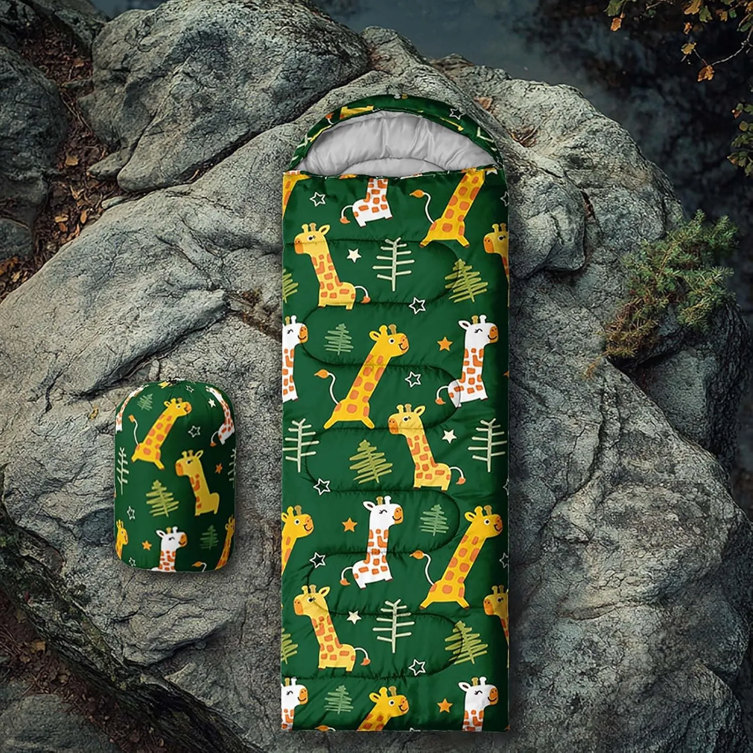 Axolotl Polar Bear Sleeping Bag for Kids Girls,Pink Strawberry Camping Bag with Kawaii Animals Compression Sack for Women,Pink Sleeping Mat for 3 Season Traveling Outdoor Hiking Camping Gear Equipment