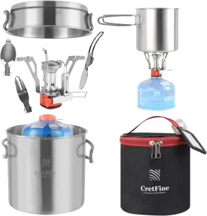 Backpacking Cooking Set with Mini Stove, Stainless Steel Camping Cookware with Carrying Bag for 1-2, Camping, Hiking, Backpacking, Bushcraft and Picnic