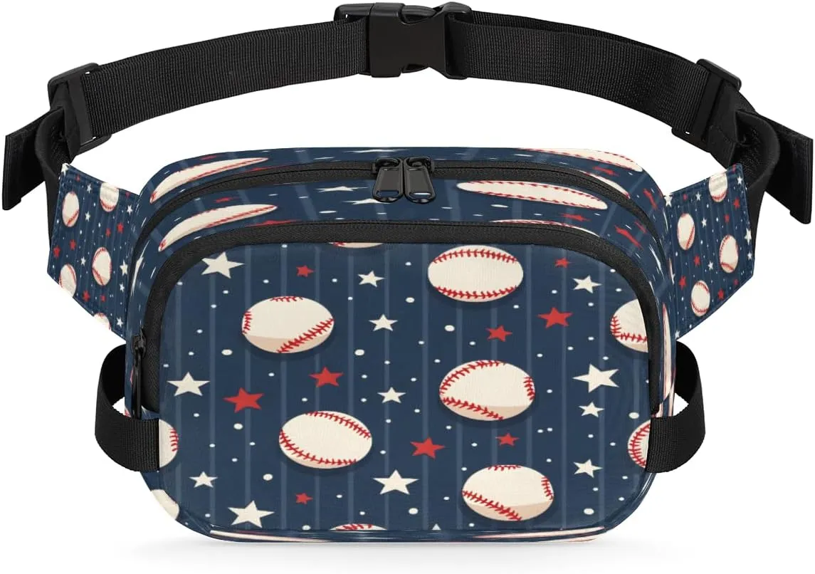 Baseball Striped Waterproof Fanny Pack for Women Men Adjustable Waist Bag with Double Zipper Pockets Lightweight Square Hip Pack for Running Travel Hiking Workout Cycling