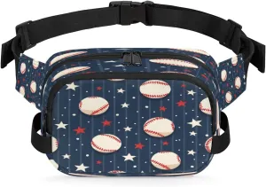 Baseball Striped Waterproof Fanny Pack for Women Men Adjustable Waist Bag with Double Zipper Pockets Lightweight Square Hip Pack for Running Travel Hiking Workout Cycling